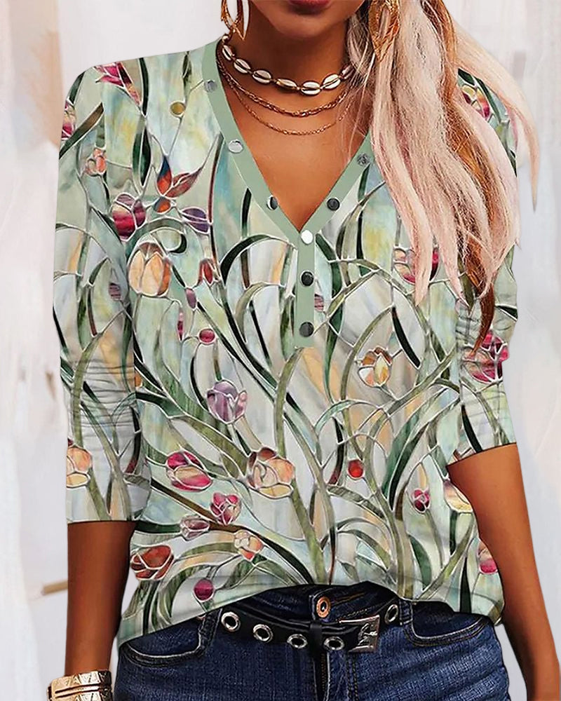 V-neck Top with Floral Print