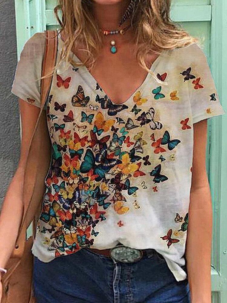 Women Butterfly Print V-neck Summer Short Sleeve Loose Casual T-shirts