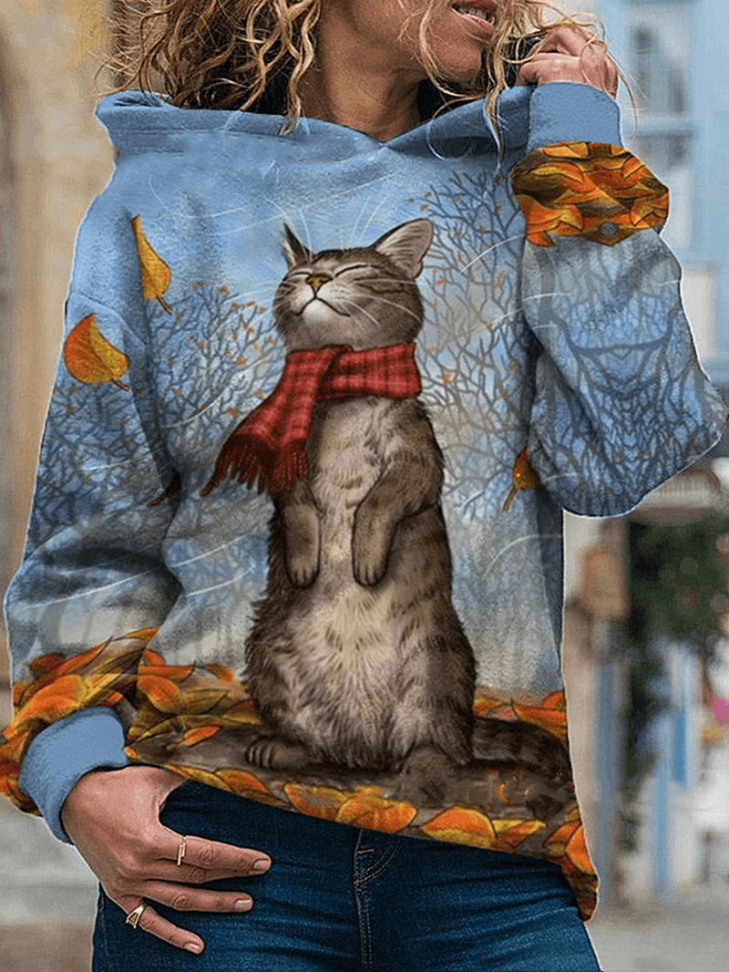 Women Cartoon Cat Painting Print Long Sleeve Pullover Hoodie