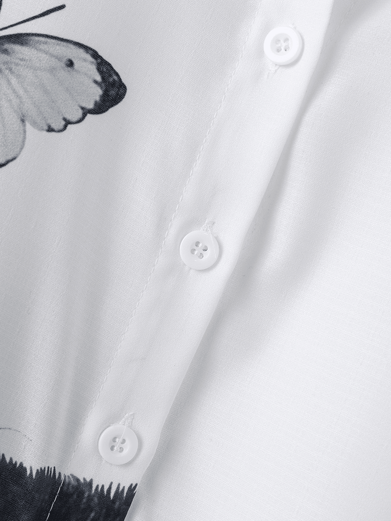 Women Cartoon Cat Butterfly Print Button up Lapel Casual Long Sleeve Shirts