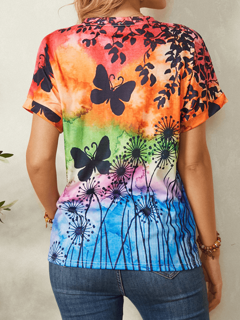 Women All over Butterfly Print round Neck Casual Short Sleeve T-Shirts