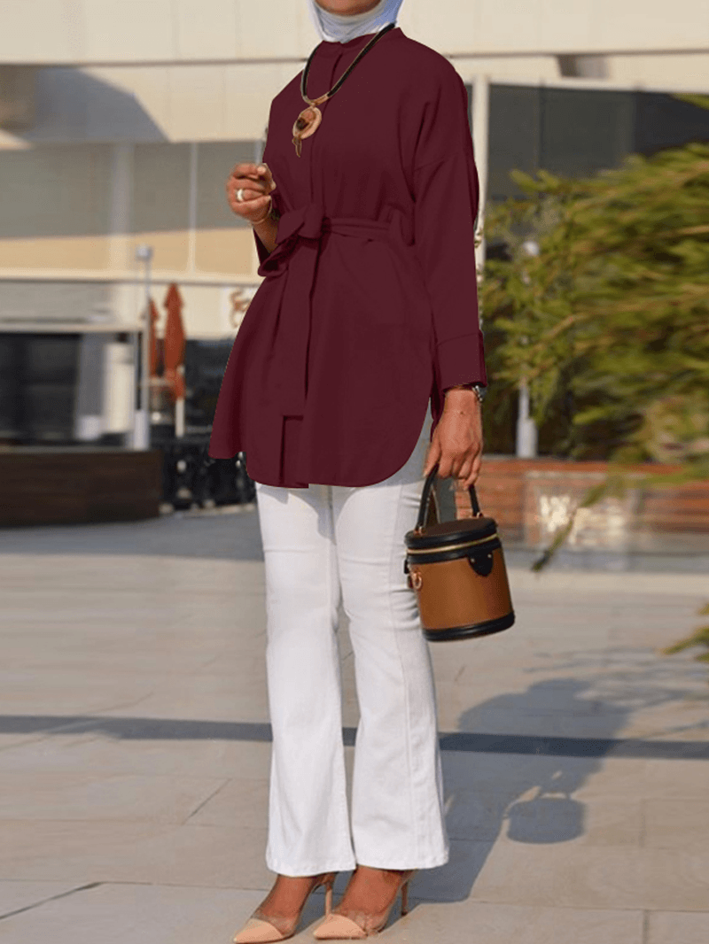 Women Brief Style Solid Color Belted O-Neck Casual Long Sleeve Leisure Blouse
