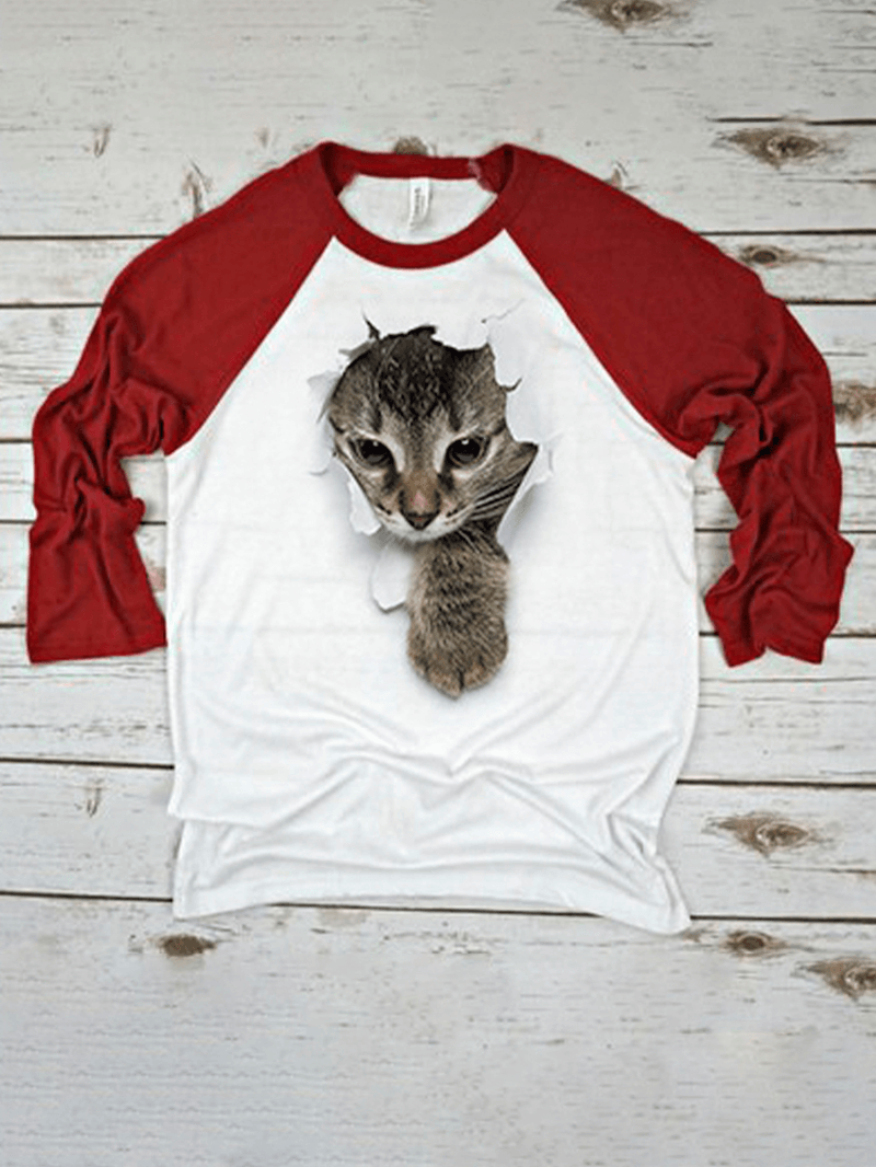 Women 3D Cat Chest Print Patchwork Raglan Sleeve round Neck Causal T-Shirt