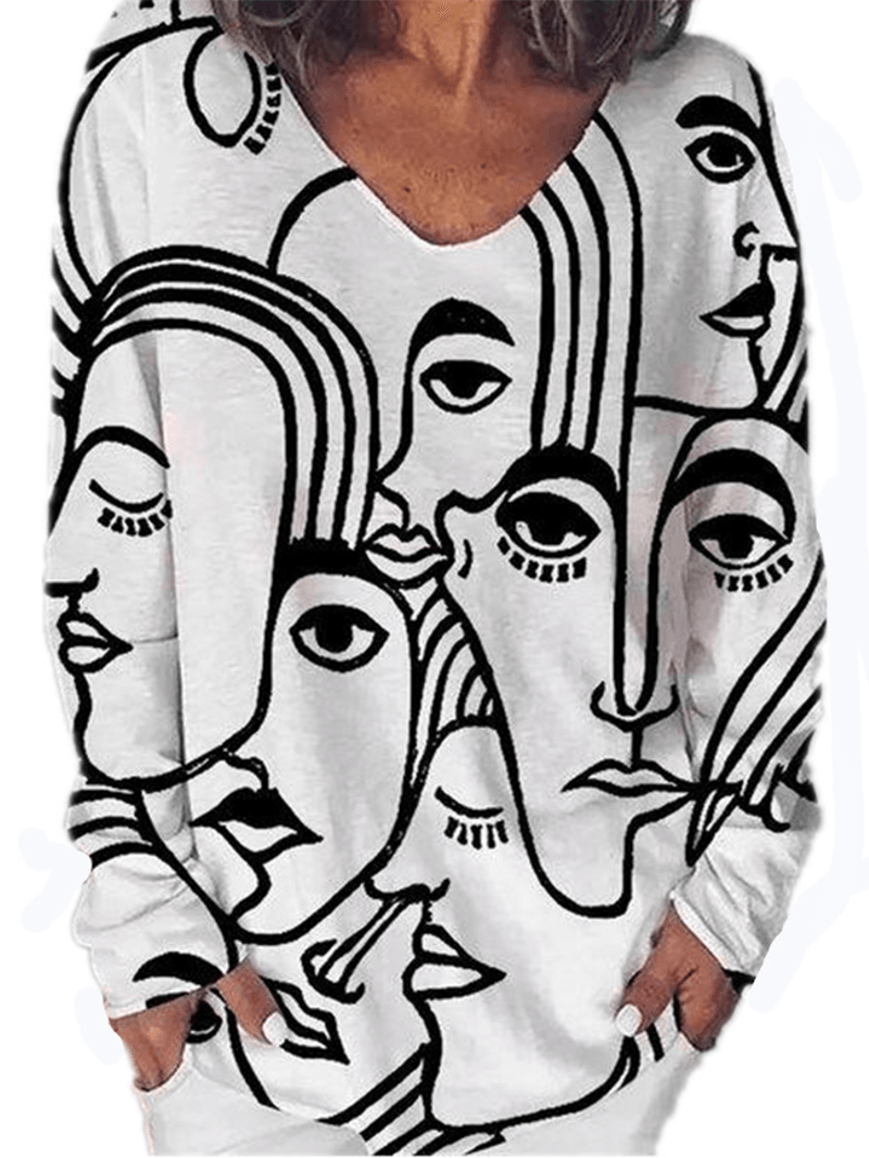 Women Art Abstract Character Print Loose Long Sleeve Casual T-Shirt