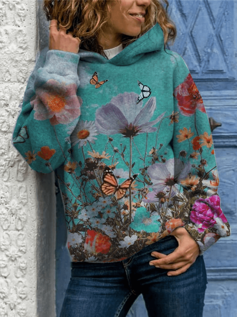 Women Butterfly Flower Print Long Sleeve Casual Pullover Hoodies