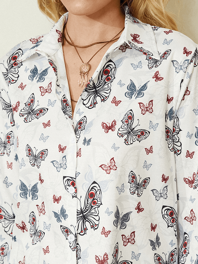 Women All over Butterfly Print Button up White Casual Shirt