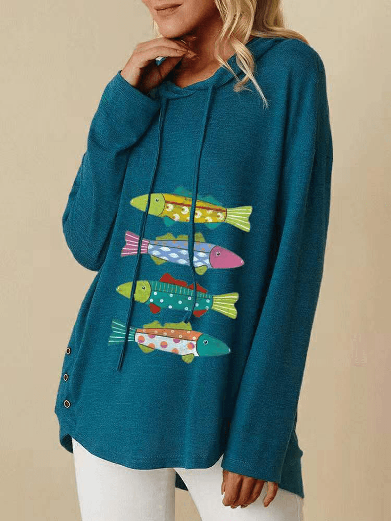 Women Cartoon Fishes Print Side Button Drawstring Casual Loose Pullover Hoodie