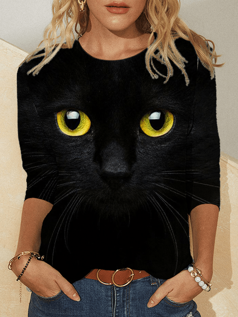 Women 3D Cat Print Long Sleeve Design T-Shirts