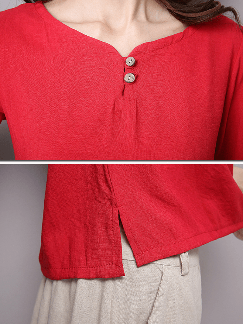 Vintage Women Button Loose Split Hem T-Shirts