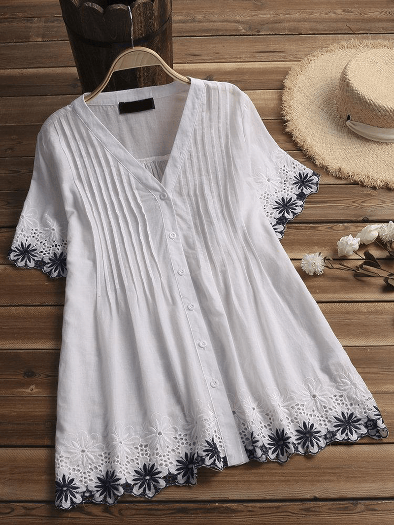 Women Casual Embroidered V-Neck Lace Short Sleeve Blouse