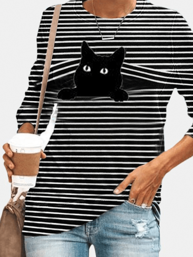 Women Black Cat Print Long Sleeves O-Neck Striped Casual T-Shirt