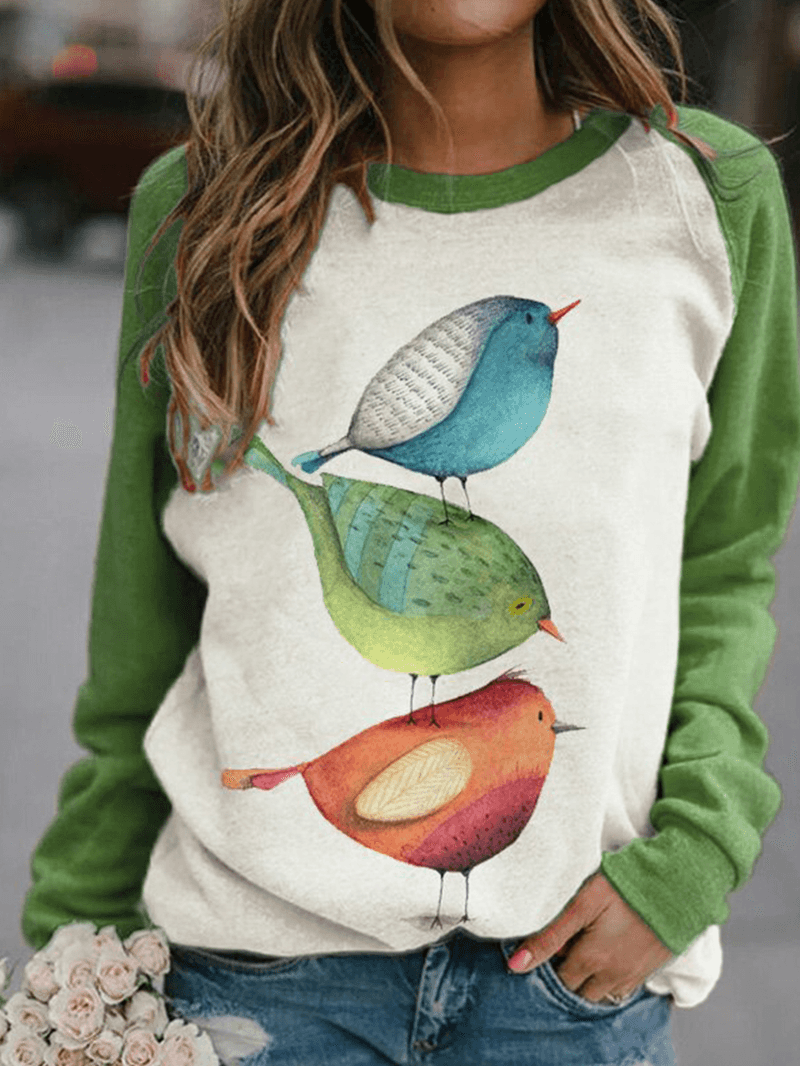 Women Cartoon Bird Print O-Neck Raglan Sleeves Pullover Sweatshirts