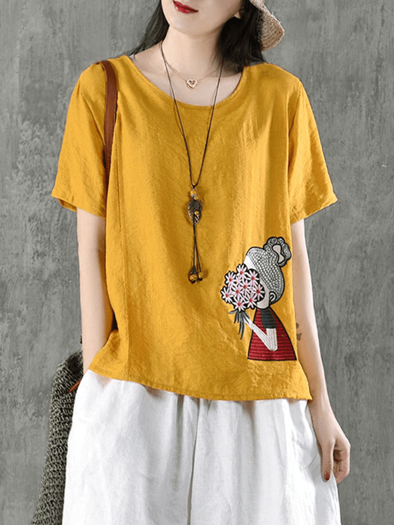 Women Cartoon Embroidery Cotton Short Sleeve T-Shirts