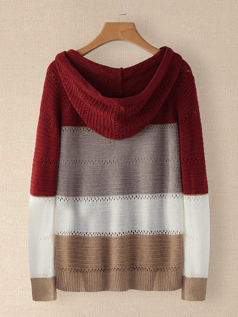 Women Autumn Stripe Print V-Neck Hooded Daily Casual Knitted Sweater