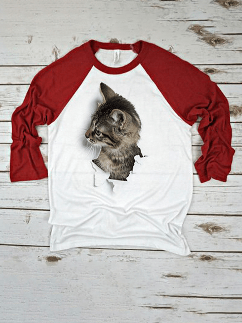 Women 3D Cat Patchwork Raglan Sleeve round Neck Casual T-Shirt
