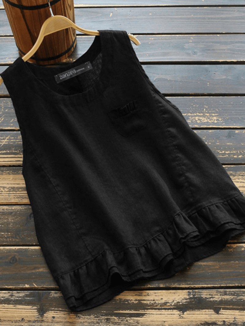 Vintage Cotton Layered Ruffles Solid Color Sleeveless Tank Top for Women