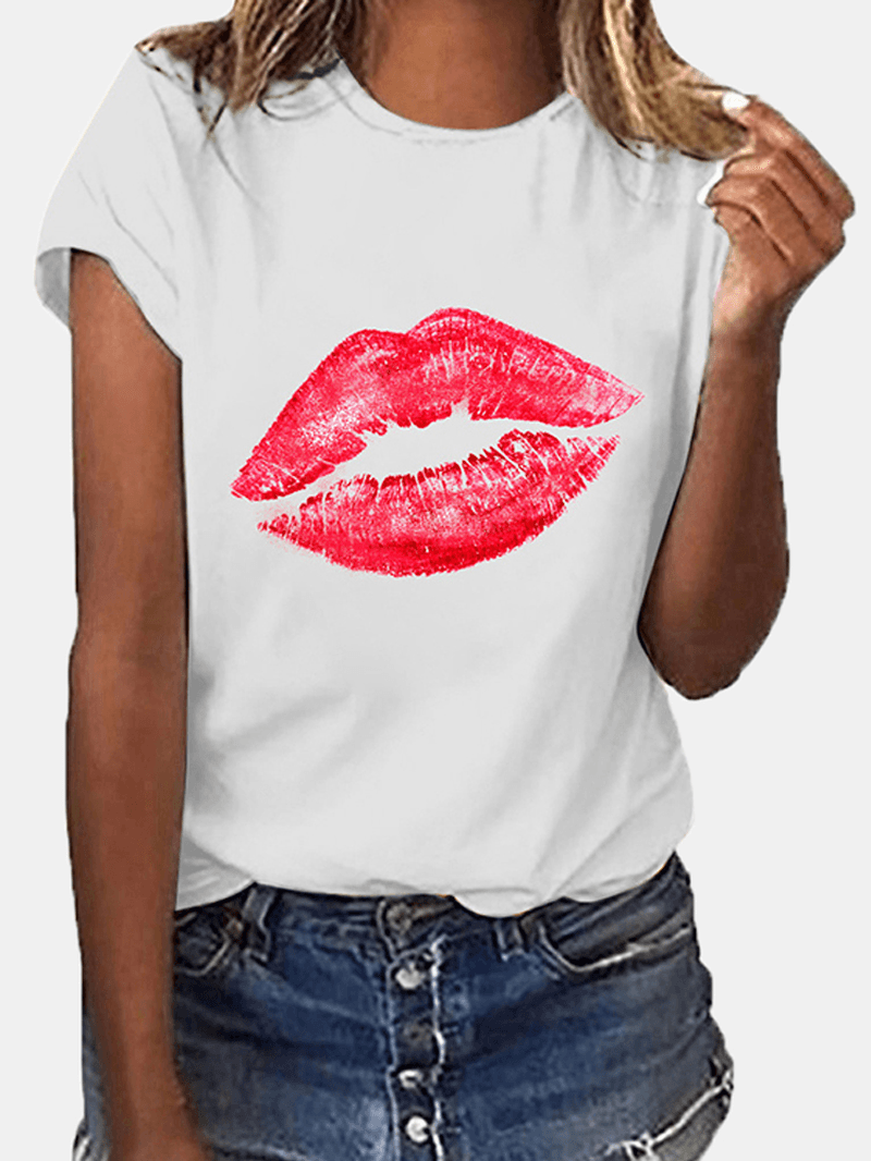Women Casual Crew Neck Lips Print Short Sleeve Basic Tee T-Shirts