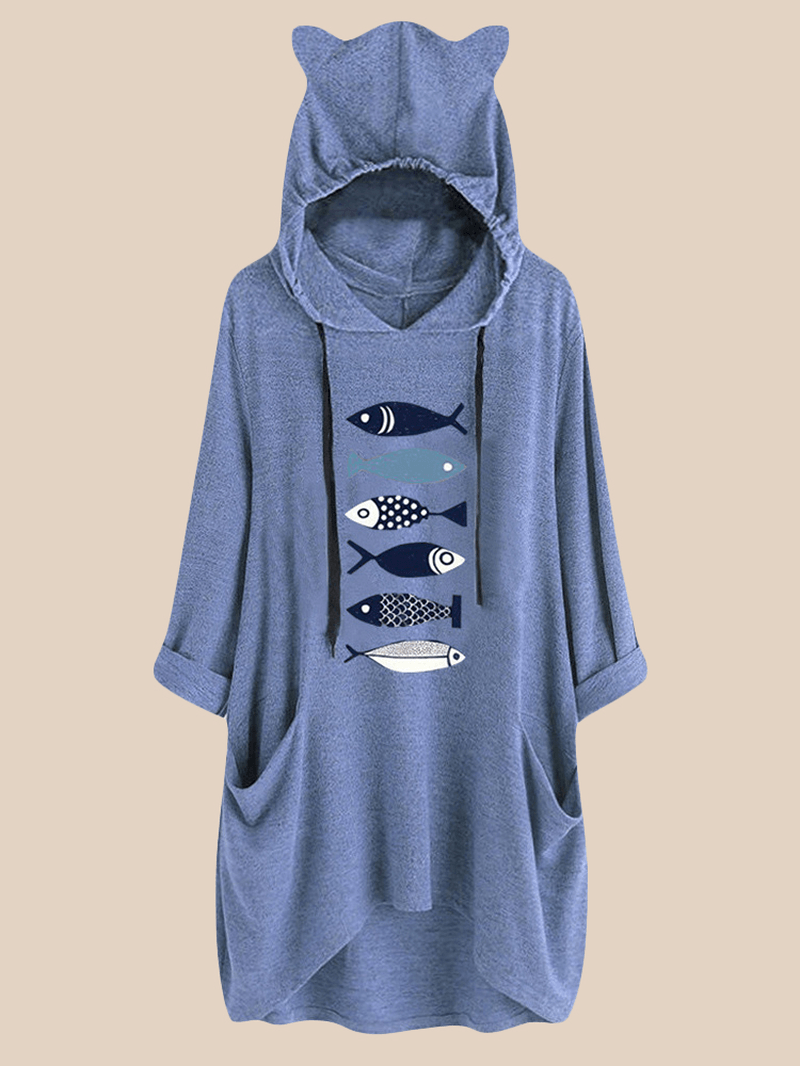 Women Casual Fish Print Hooded Sweatshirt