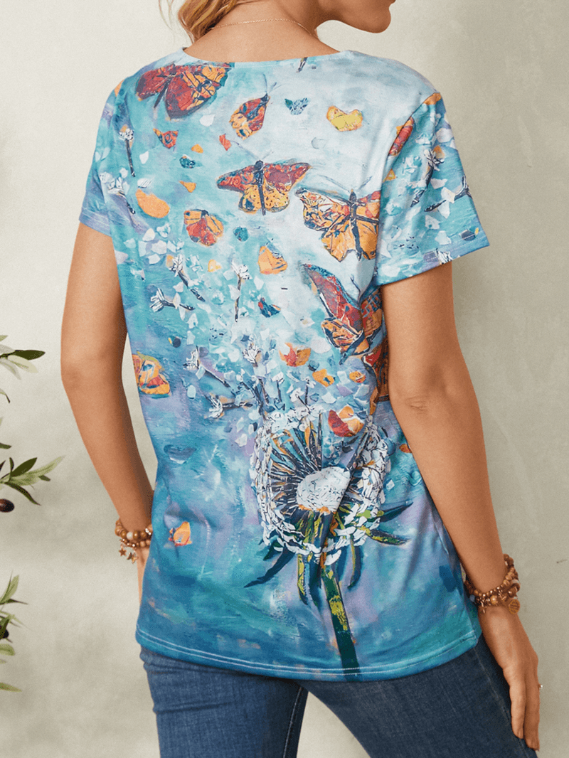 Women All over Butterfly Print V-Neck Casual Short Sleeve T-Shirts