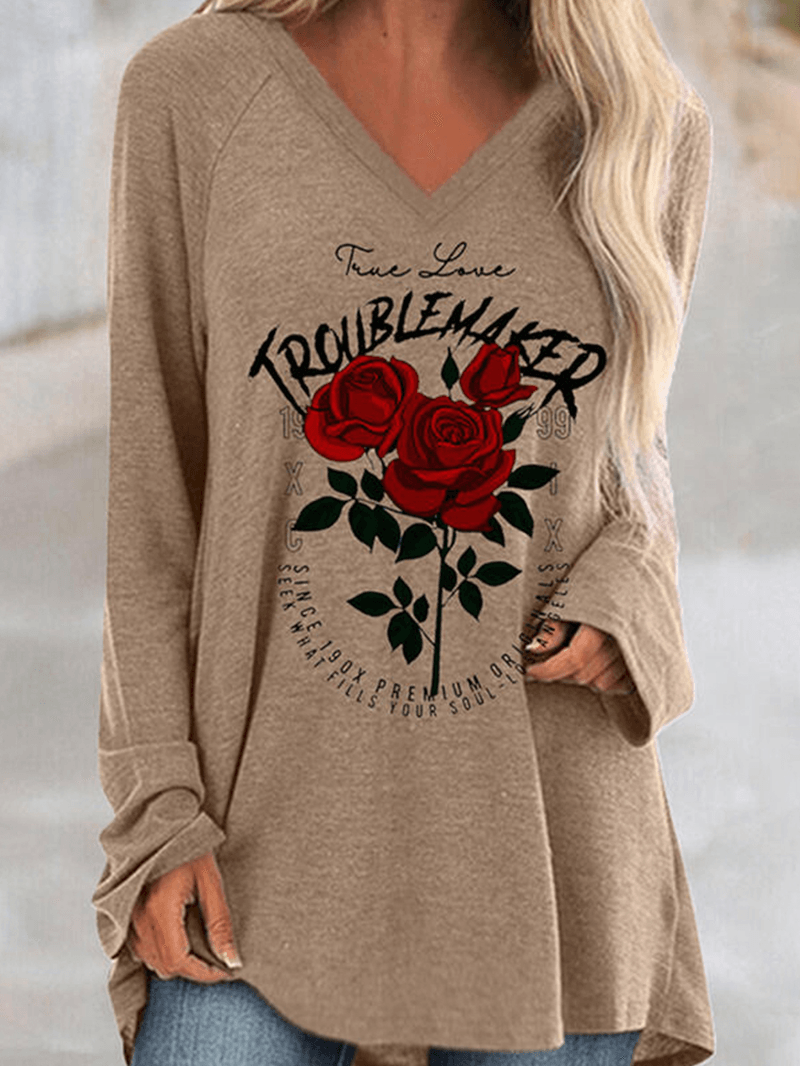 Women Calico Printed Long Sleeve V-Neck Casual Loose T-Shirt