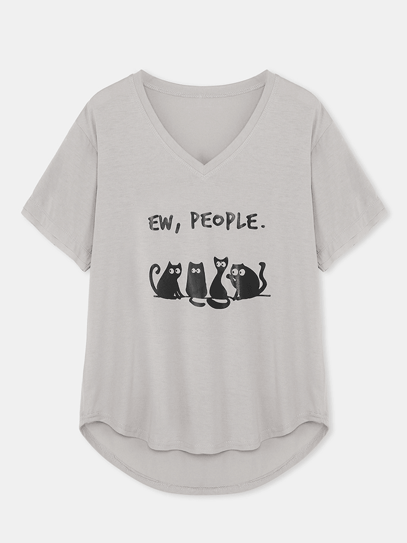 Women Cartoon Cute Cat Slogan Print V-Neck Curved Hem Short Sleeve T-Shirt