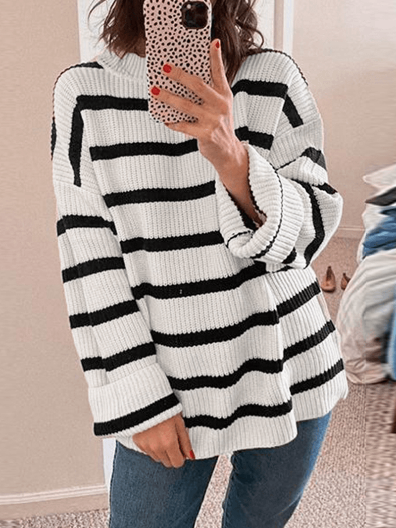 Women Black and White Striped O-Neck Casual Loose Fit Preppy Sweasters