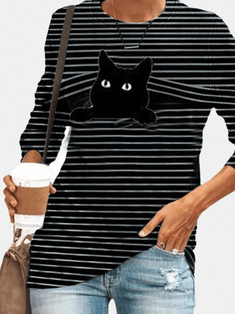 Women Black Cat Print Long Sleeves O-Neck Striped Casual T-Shirt