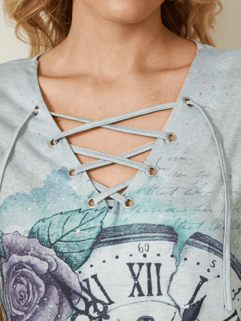 Women Calico Dragonfly Print V-Neck Bandage Casual Short Sleeve T-Shirts