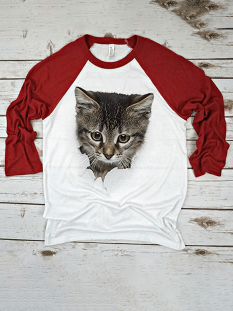 Women 3D Cute Cat Print Raglan Sleeves Regular Fit round Neck Casual T-Shirt