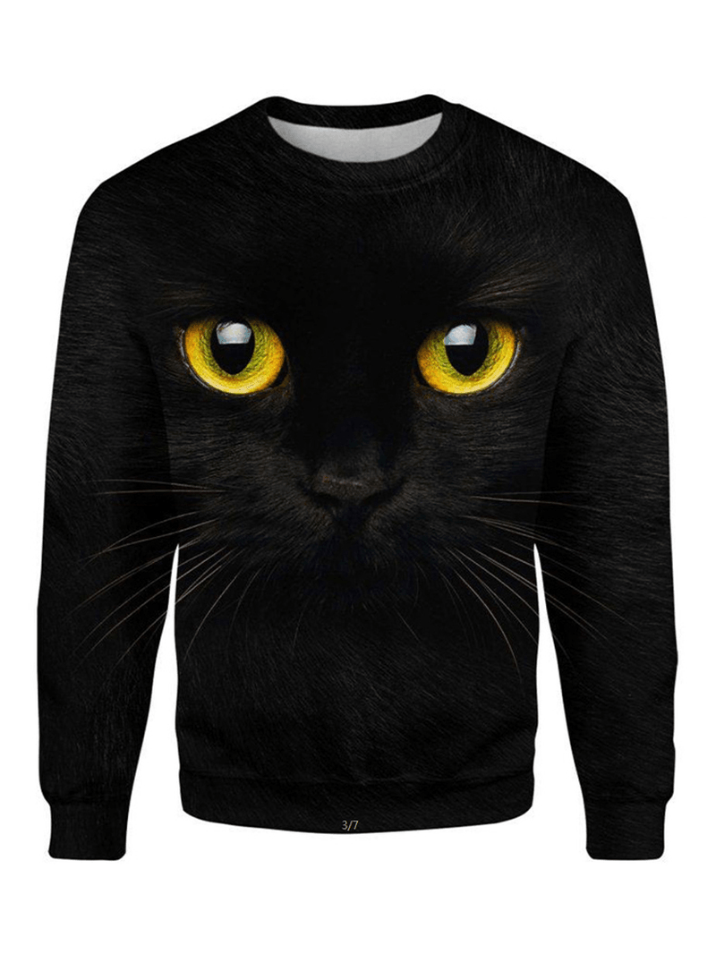 Women Black Cat Print round Neck Pullover Long Sleeve Sweatshirts