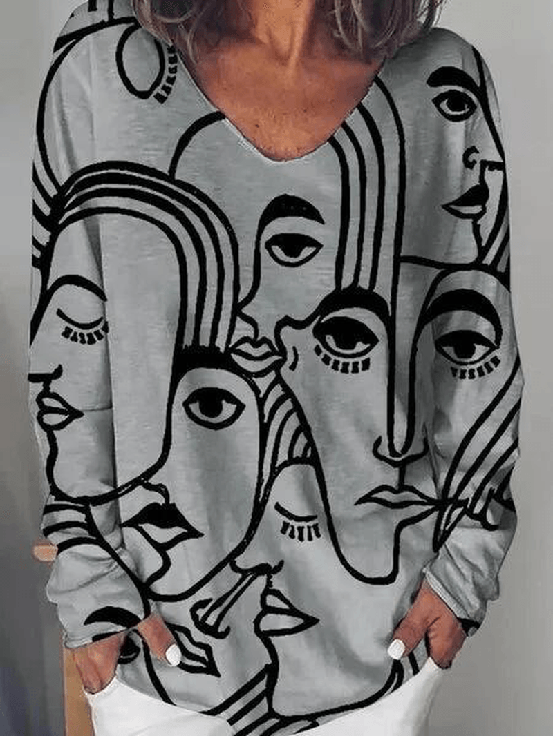 Women Art Abstract Character Print Loose Long Sleeve Casual T-Shirt