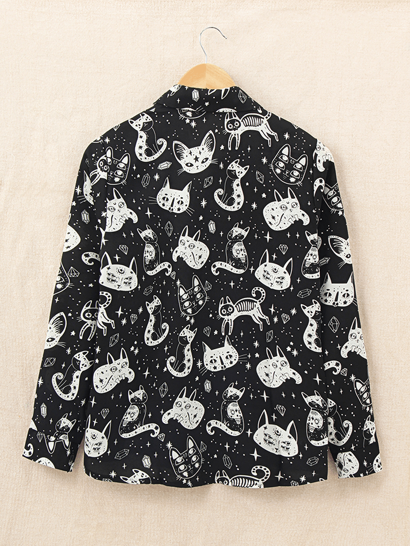 Women Casual Cartoon Cat Funny Print Turn-Down Collar Long Sleeve Button Shirts