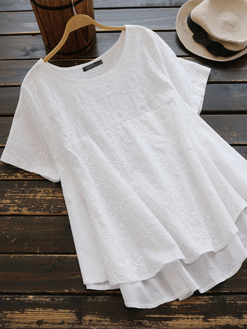 Vintage 100% Cotton Solid Floral O-Neck Short Sleeve Shirts