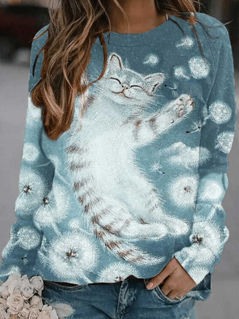 Women Cartoon Cat Printed Pullover Cute Sweatshirts