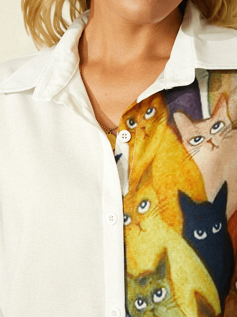 Women Cartoon Cat Printed Lapel Cute Long Sleeve Shirts