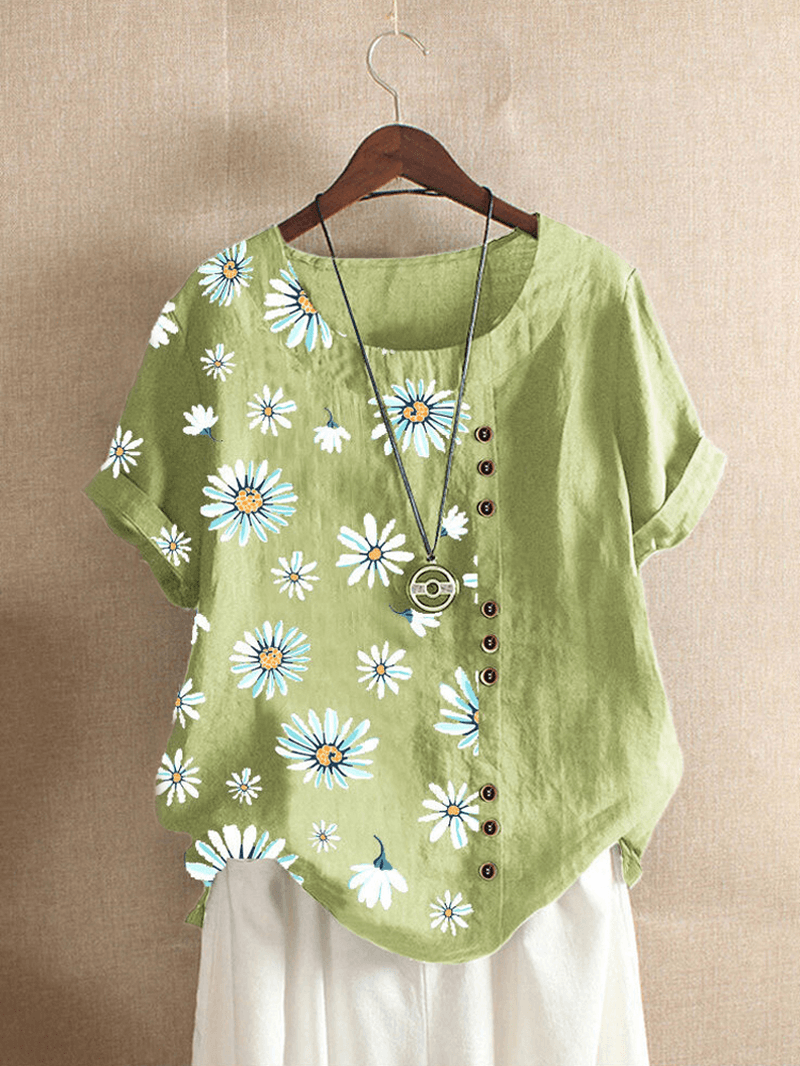 Summer Small Daisies Print Vintage Style Short Sleeve Casual T-Shirts