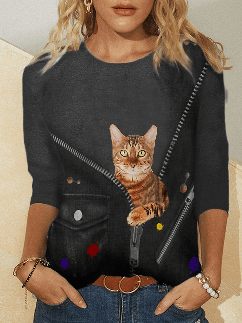 Women 3D Cartoon Cat Print Long Sleeve T-Shirts