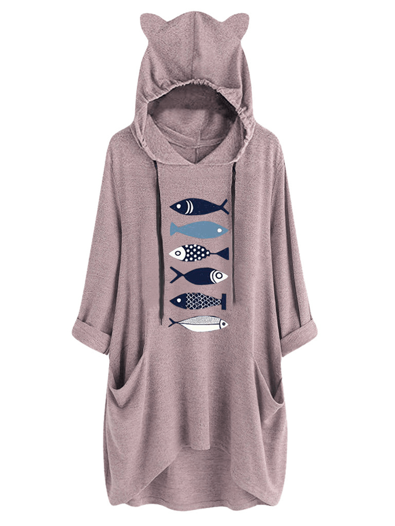 Women Casual Fish Print Hooded Sweatshirt