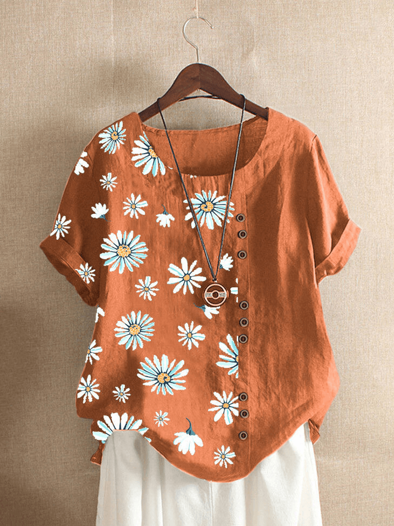 Summer Small Daisies Print Vintage Style Short Sleeve Casual T-Shirts