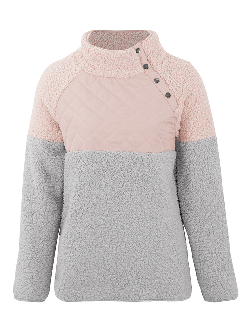 Women Casual Fleece Button High Collar Patchwork Sweatshirt