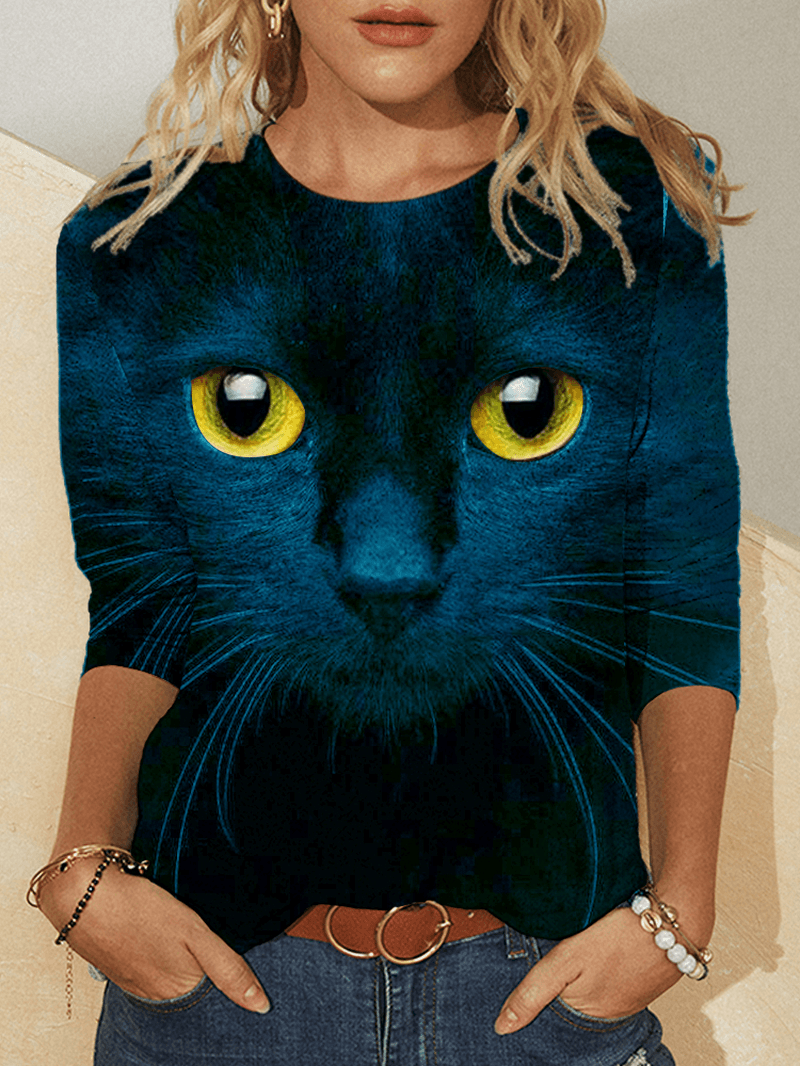 Women 3D Cat Print Long Sleeve Design T-Shirts