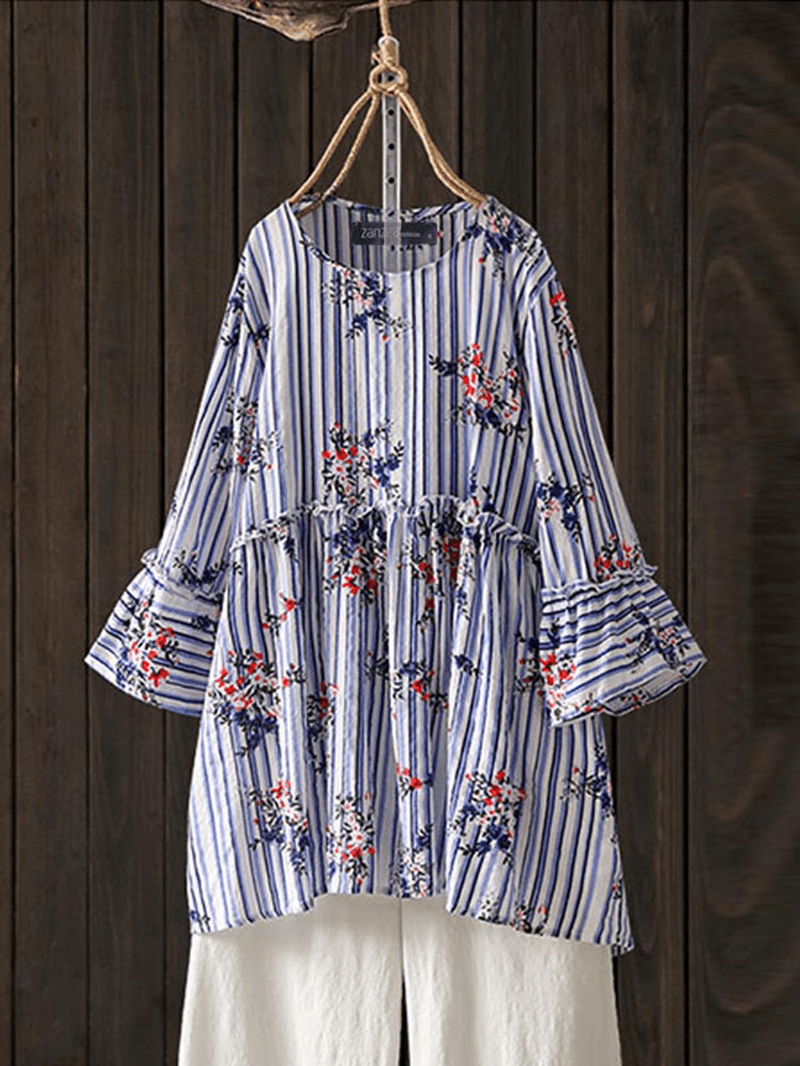 Women Casual Floral Printed O-Neck 3/4 Flare Sleeve Blouse