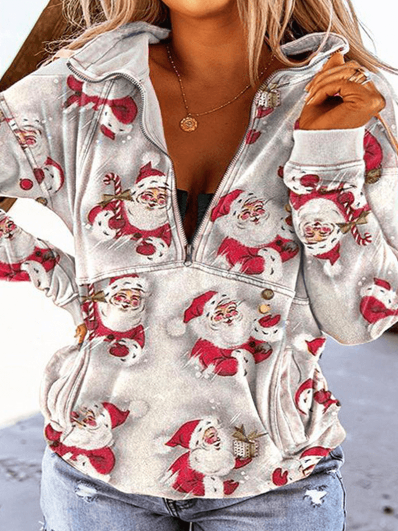 Women Cartoon Santa Claus Print Drop Sleeves Pullover Long Sleeve Sweatshirts