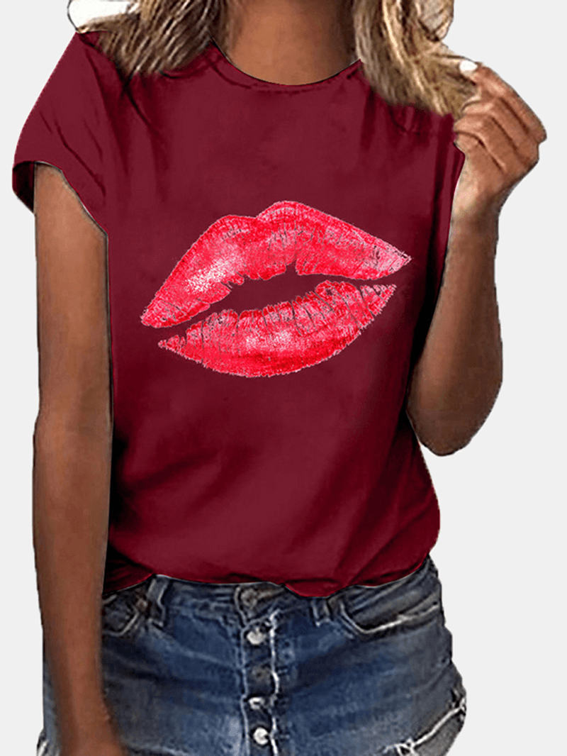 Women Casual Crew Neck Lips Print Short Sleeve Basic Tee T-Shirts