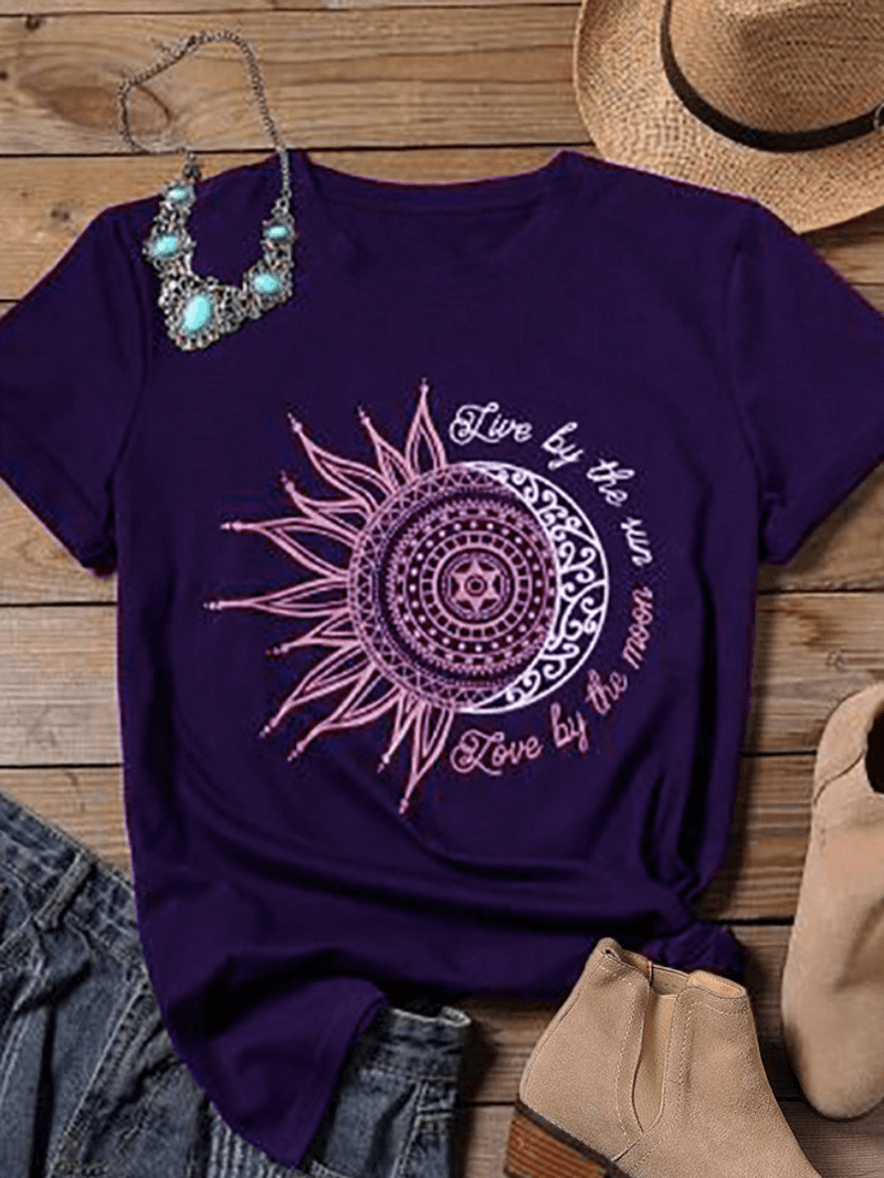 Sunflower Moon Print O-Neck Short Sleeve Casual T-Shirts for Women