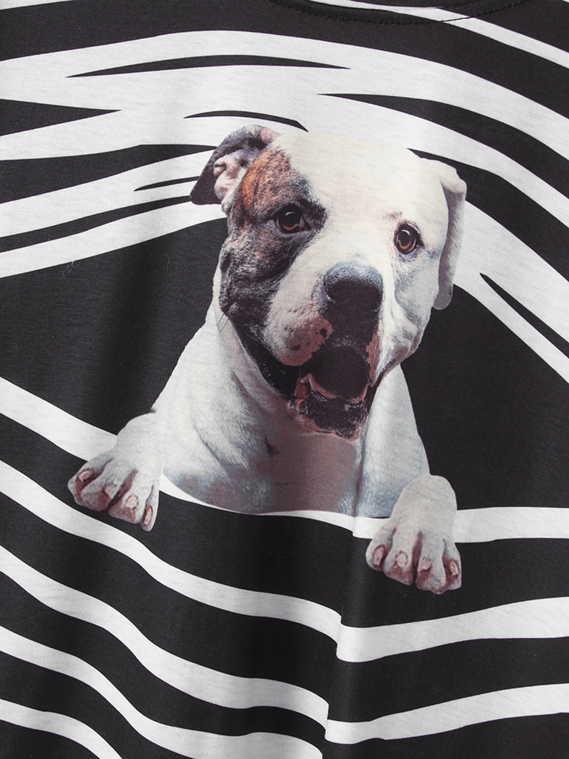 Women 3D Dog & Stripe Print O-Neck Pullover Casual Sweatshirts