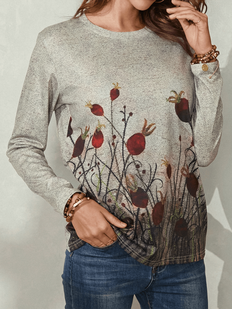 Women Abstract Plant Print Long Sleeve Casual Blouse