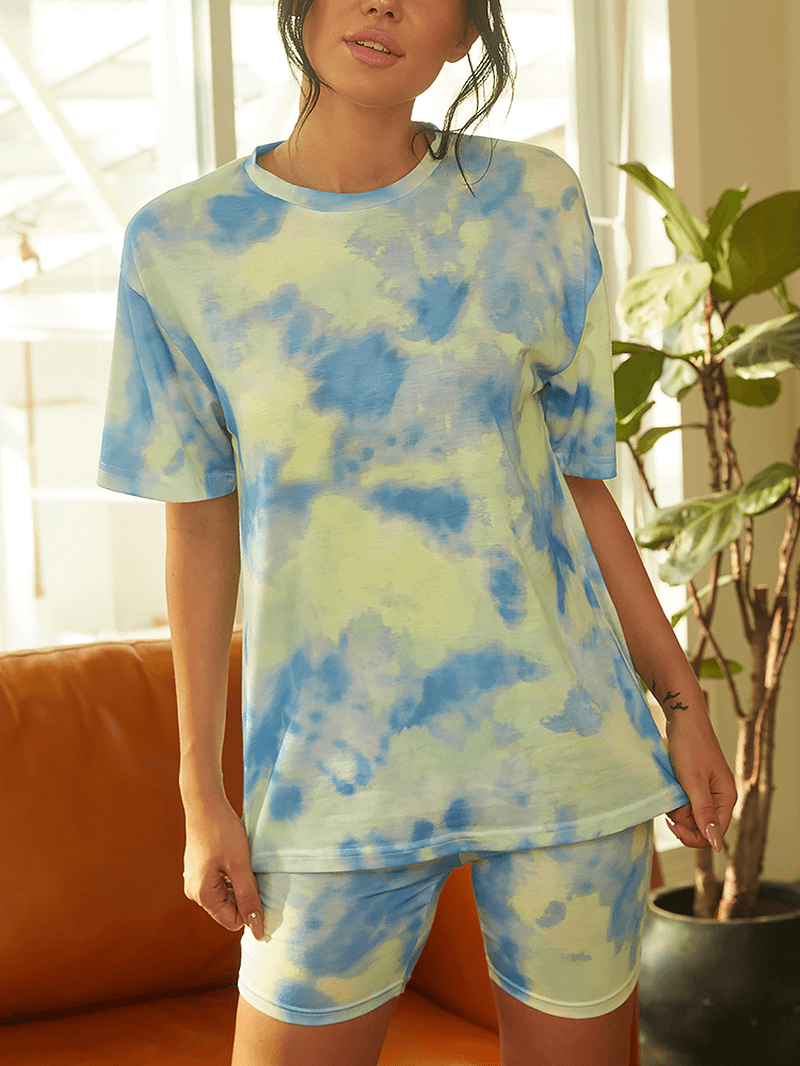 Tie Dye Print Women Summer Sports Two-Piece Top Casual T-Shirts