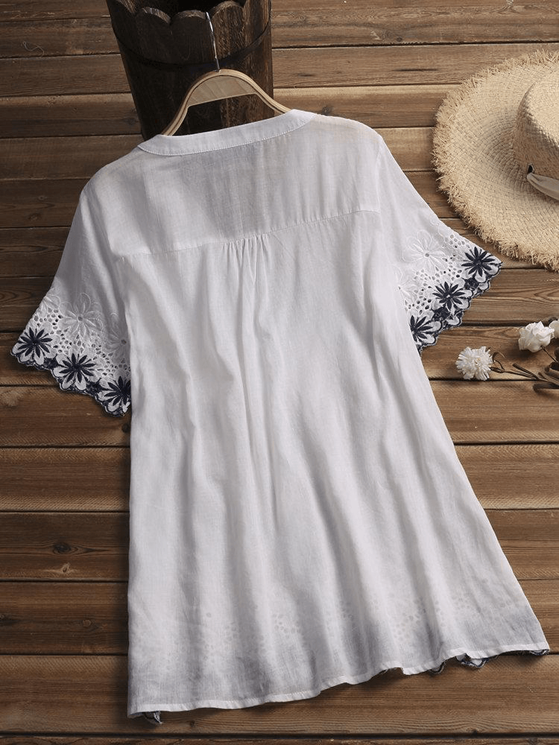 Women Casual Embroidered V-Neck Lace Short Sleeve Blouse