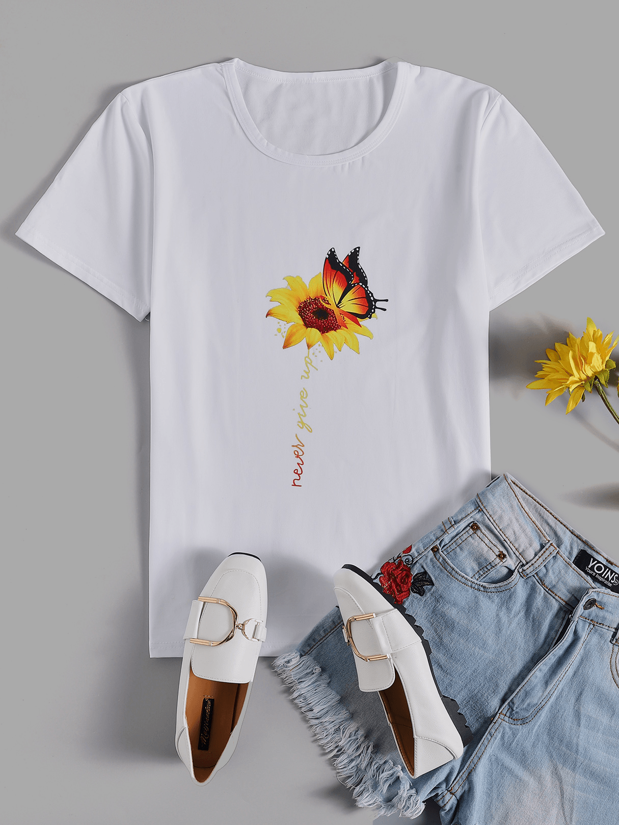 Sunflower and Butterfly Print Crew Neck Short Sleeves Casual Tee